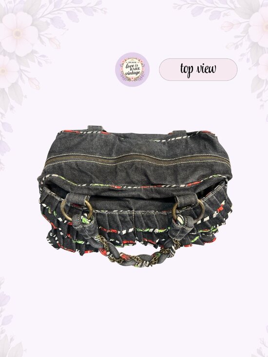 Y2K Betseyville Denim Ruffle Satchel • Betsey Johnson Cherry Charm Handbag - Picture 9 of 13